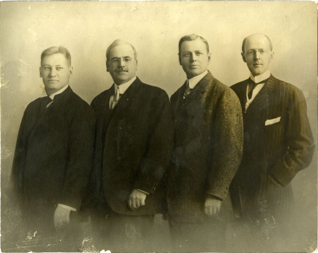 The first four Rotarians: Gustave Loehr, Silvester Schiele, Hiram Shorey, and Paul Harris, circa 1905–1912